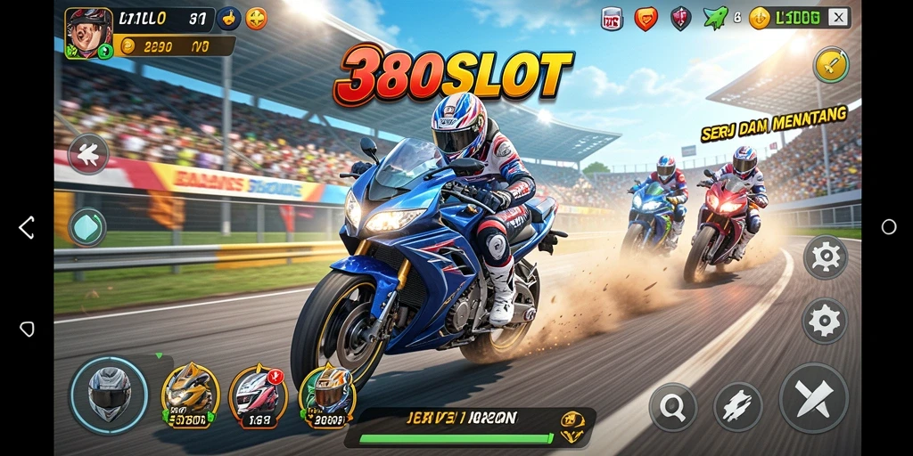 Tangkapan layar dari gameplay seru 380SLOT menampilkan balapan motor yang mendebarkan.