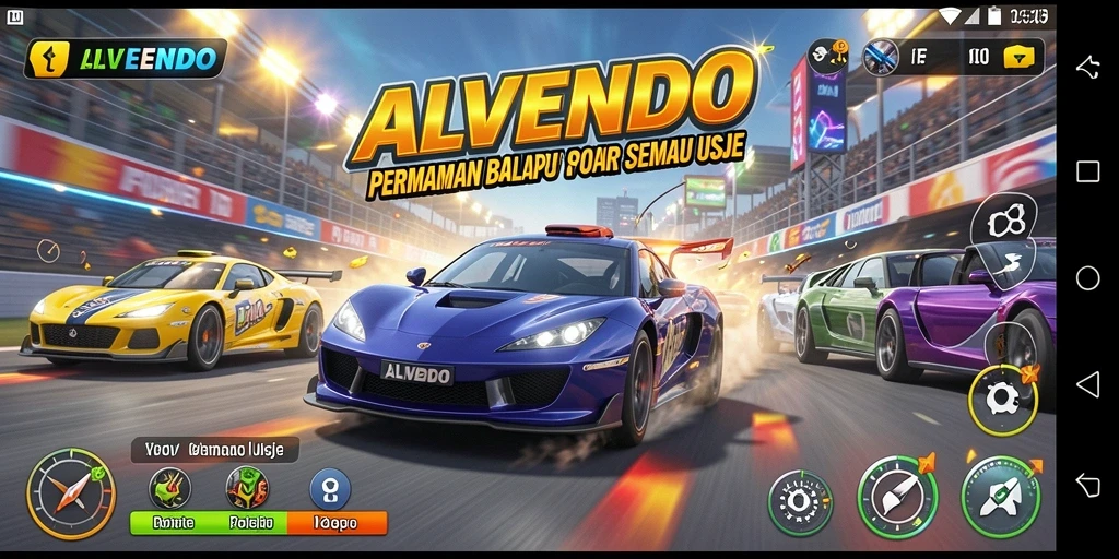 Tampilan gameplay balapan seru di ALVENDO dengan mobil yang melaju cepat.