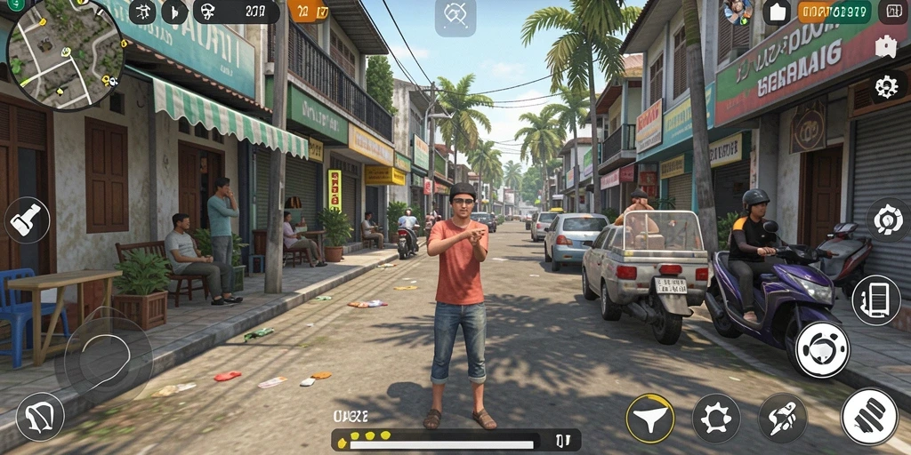 Screenshot permainan COO77 menampilkan interaksi karakter dalam simulasi kehidupan.