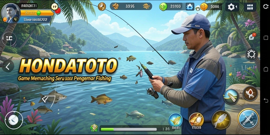 Tampilan gameplay HONDATOTO dengan aksi memancing yang seru.