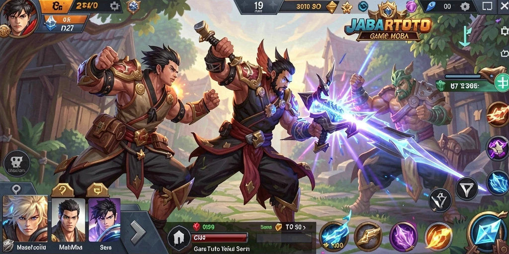 Screenshot gameplay JABARTOTO menunjukkan aksi pertarungan yang intens di arena MOBA.