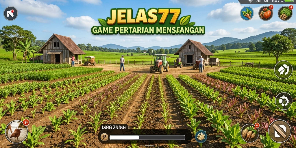 Tampilan gameplay JELAS777 yang menunjukkan ladang yang subur dan beragam tanaman.
