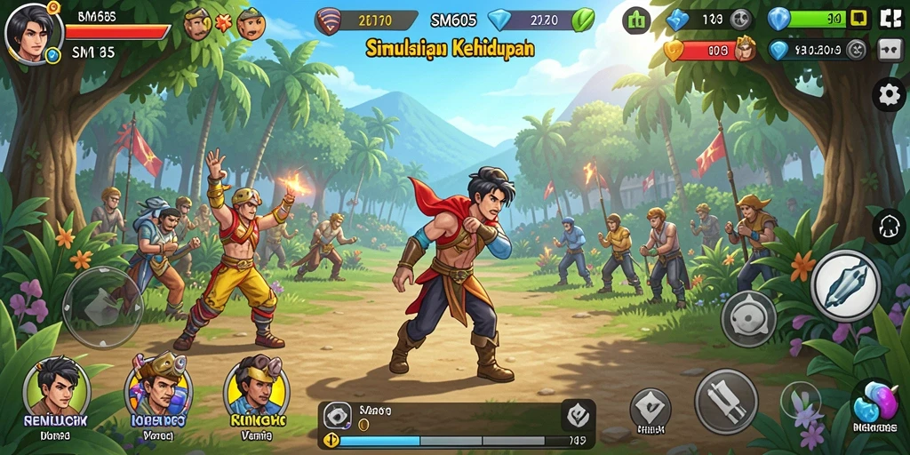 Tampilan gameplay SM605 dengan karakter dan lingkungan beragam.